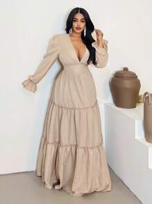 Maweii Plus Size Women's Solid Color Deep V-Neck Long Sleeve Ruffle Hem Fashion Dress Fall Cloth For Women - Khaki - View 5