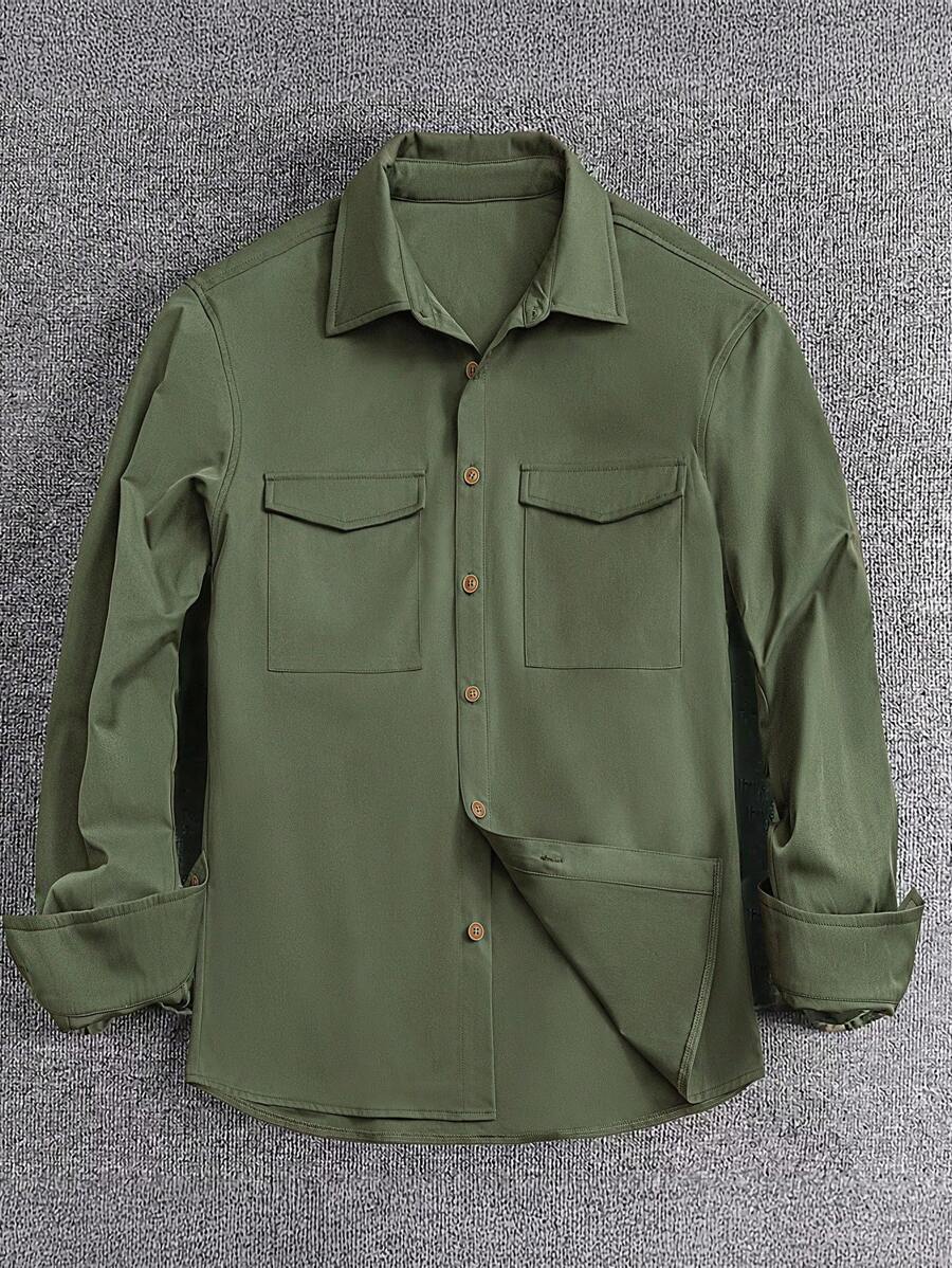 Men's Spring/Autumn Pocket Button-Down Casual Shirt - Army Green - View 1