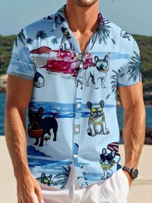 Genlund Men's Casual Vacation Tropical Dog Print Short Sleeve Shirt - Baby Blue - View 3