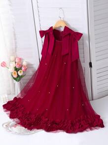 Vestido de Tule com Babados Florais e Decoração de Pérolas, Elegante para Meninas - Vinho - Visão 6