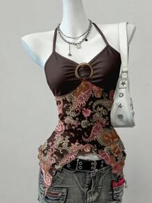 SHEIN EZwear 女式休闲复古褶皱胸围不对称下摆露背吊带背心，适合夏季、Y2K、复古、佩斯利印花 - 彩色 - 查看 3