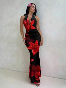 Aloruh 性感热带红色花卉印花垂坠领长裙，适合女士节日、派对、音乐节、优雅场合、修身、波西米亚风格 - 彩色 - 查看 5