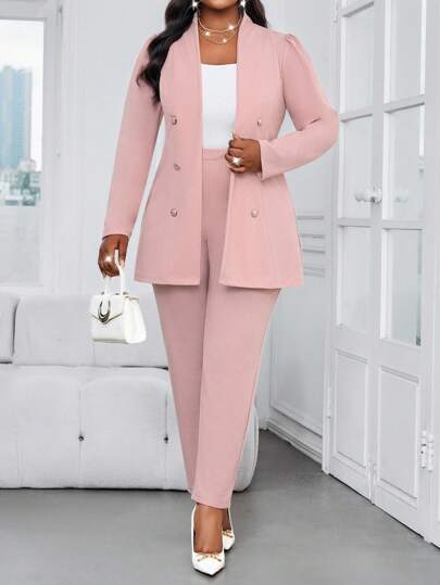 SHEIN Lady Autumn And Winter Elegant Commuting Office Pink Knitted Stand Collar Gold Button Long Long Sleeve Plus Size Co-Ords Plus Size Faux Fur Coats