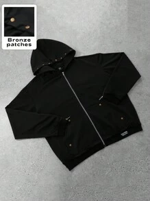 PAVTROS 男士街头时尚和嘻哈风格运动衫连帽衫，针织连帽运动衫运动衫，针织运动服，拉链和铆钉装饰，极简主义设计，独特风格，街头文化，年轻时尚，休闲舒适，简约别致，节日礼物，中性男士黑色拉链连帽衫黑色拉链连帽衫夹克拉链连帽衫带古铜色补丁男士街头风连帽衫宽松拉链连帽衫 - 黑色 - 查看 1