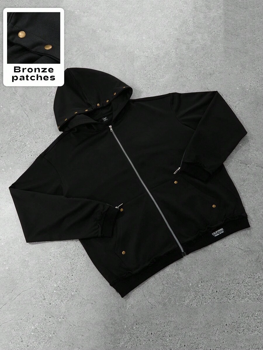 PAVTROS 男士街头时尚和嘻哈风格运动衫连帽衫，针织连帽运动衫运动衫，针织运动服，拉链和铆钉装饰，极简主义设计，独特风格，街头文化，年轻时尚，休闲舒适，简约别致，节日礼物，中性男士黑色拉链连帽衫黑色拉链连帽衫夹克拉链连帽衫带古铜色补丁男士街头风连帽衫宽松拉链连帽衫 - 黑色 - 查看 1