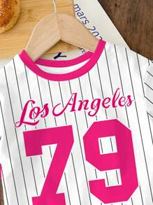 SHEIN 2 件女婴休闲宽松数字 79 印花圆领短袖 T 恤和紧身骑行短裤套装，适合春夏季、清凉夏季、度假氛围 - 彩色 - 查看 4