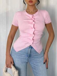 Rafferiza 全新复古合身褶皱不对称纽扣设计女式针织上衣，适合春秋季节 - 粉色 - 查看 5