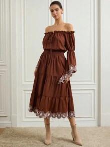 Zanirela Autumn/Winter New Women's Off Shoulder Sleeve Floral Contrast Color Embroidery Ruffle Hem Long Sleeve Vintage Layered Flared Waist Maxi Dress - Brown - View 6
