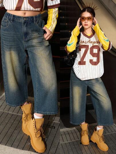 Denimly Summer New Teen Girl Denim Jeans, Vintage Vibe Captured Perfectly! Distressed Wide Leg Cropped Jeans, Who Hasn't Been Charmed By This Pair! Vintage Distressed Denim With Its Own Story, Wide Leg Capri, Effortlessly Stylish, Breezy Swagger! Suitable For Daily Outings, Gatherings, Campus Wear, Music Festivals, The Cool & Chic Piece That Everyone Asks For The Link, A Fashionable Must-Have For Stylish Girls.