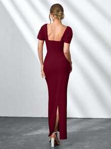 Elegant Style, Square Neck With Faux Diamond Detailed Long Black Dress - Burgundy - View 2