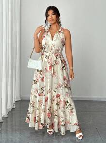 Elenzga 大码女式优雅浪漫碎花 V 领长裙 - 彩色 - 查看 4