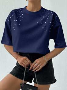 EURMUSE 100%Cotton Women's White T-Shirt With Rhinestones Detail - Navy Blue - View 5