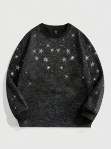 ROMWE MEN Street Life 男士水钻装饰套头衫，适合秋冬季日常穿着 - 黑色 - 查看 1