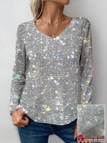 INAWLY Women's V-Neck Long Sleeve T-Shirt With Full-Width Crystal Diamond Pattern Digital Printing, Casual Style For Spring And Autumn For Spring Fall Cloth For Women - Multicolor - View 4