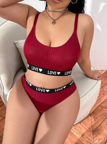 Plus Size Women Heart & Letter Knit Comfy Lingerie Set - Burgundy - View 3