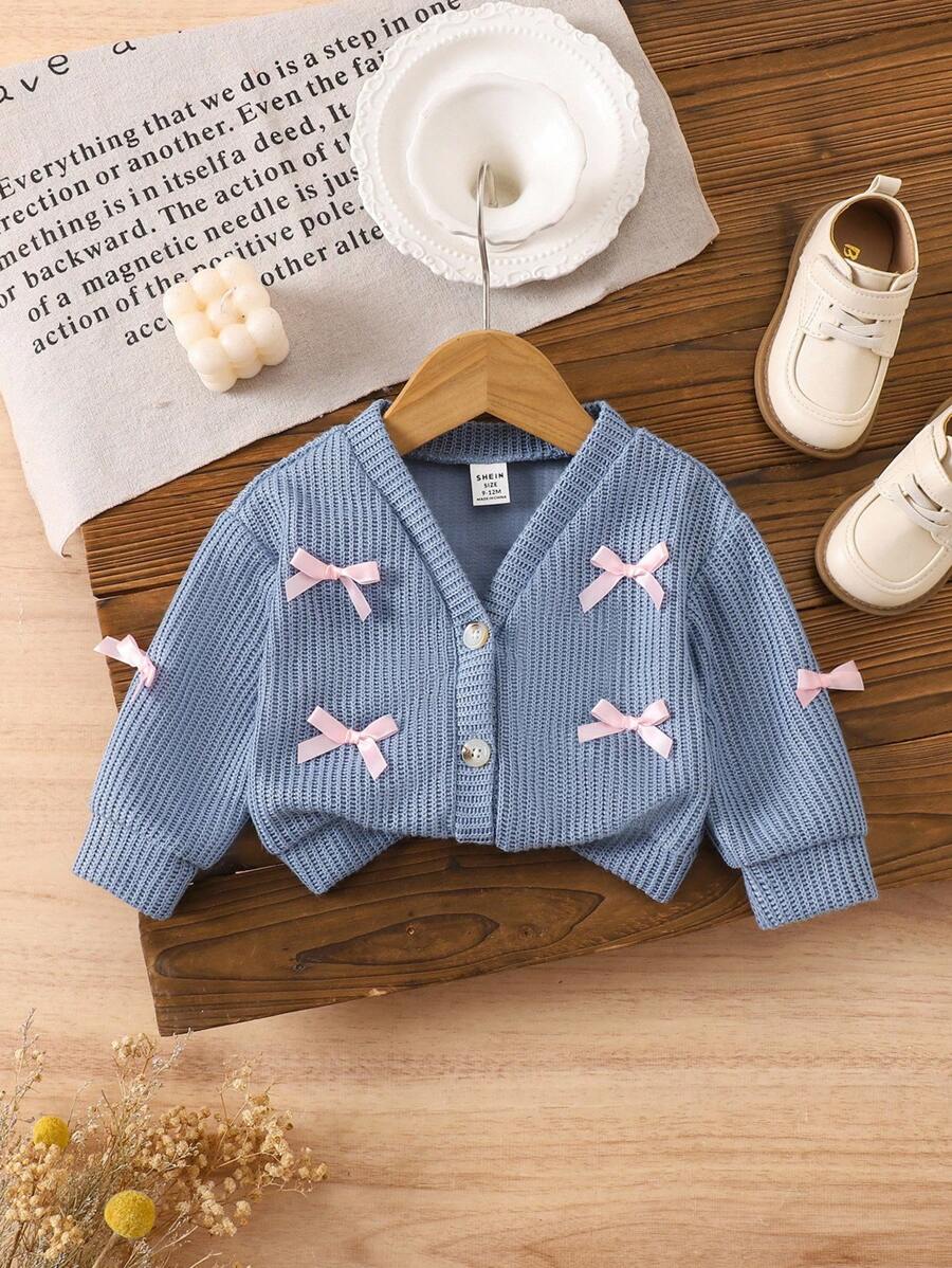 SHEIN Vintaside Kids Baby Girl V-Neck Bow Solid Color Long Sleeve Cardigan Sweater, Spring/Autumn Outerwear Fall Winter - Royal Blue - View 1