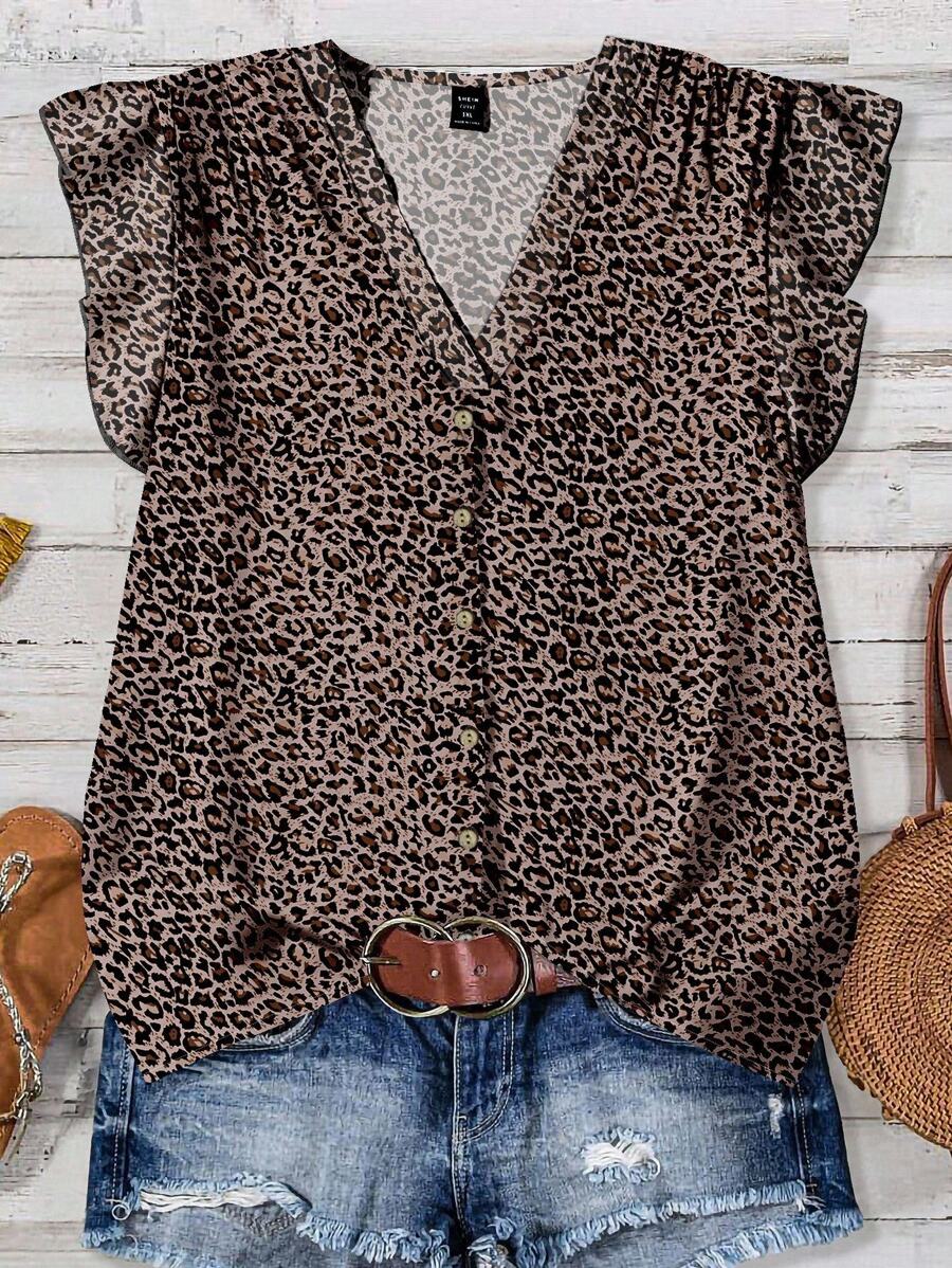 EMERY ROSE Plus Size Casual Leopard Print Shirt, Suitable For Summer Chic Blouses For Women