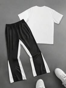 Manfinity EMRG 男士休闲宽松圆领短袖 T 恤和裤子套装，美国街头嘻哈风格 T 恤和喇叭裤两件套服装 - 彩色 - 查看 2