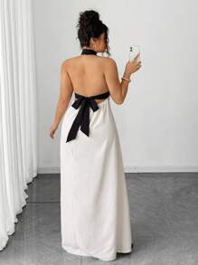 Elenzga Plus Size Elegant Sexy Backless Halter Colorblock Dress, Summer - Beige - View 2