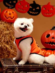 PETSIN 1 pieza Disfraz de perro para Halloween - Chaleco ligero y transpirable de color naranja con estampado gráfico de expresión de dibujos animados divertidos, perfecto para perros en fiestas de Halloween, eventos de truco o y sesiones fotográficas festivas - Multicolor - Ver 5