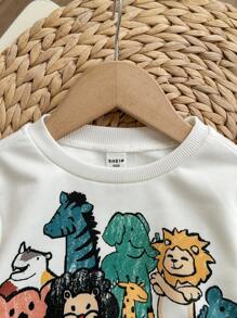 2 件套婴儿男孩/女孩休闲日常柔软可爱蜡笔动物印花圆领运动衫和松紧腰裤套装，适合外出、日常聚会、秋冬季 - 白色 - 查看 5