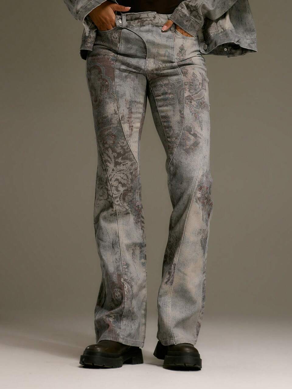 Low Rise Abstract Print Flared Denim Jeans,Dark Green Summer Streetwear Night Out Western Festival Elegant Y2k Cute 90's Boho Midwest Chic Fall