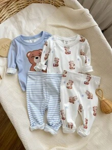 4 bộ đồ ngủ tay dài vừa vặn in họa tiết gấu & sọc dễ thương & quần dài mềm mại & thoải mái cho bé trai - Màu be - Xem 5