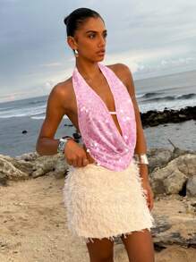 Opulessa 女式纯色亮片面料垂坠领衬衫 - 粉色 - 查看 6