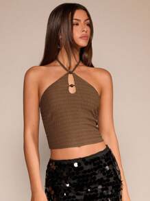 Glamine 棕色无袖针织吊带背心，带有木珠纹理，性感优雅的女士背心 - 卡其色 - 查看 4