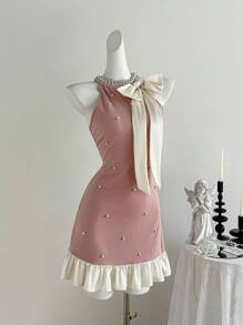 SHEIN MOD Vestido mini rosa para mujer con lazo beige y decoración de perlas, vestido corto de invierno, vestido formal, vestido de fiesta, vestido de Año Nuevo
