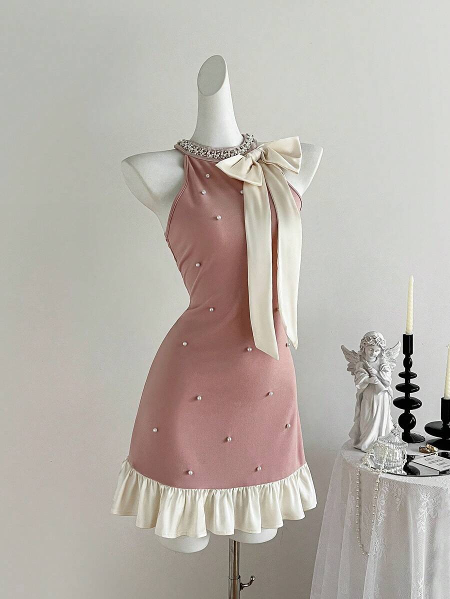 SHEIN MOD Vestido mini rosa para mujer con lazo beige y decoración de perlas, vestido corto de invierno, vestido formal, vestido de fiesta, vestido de Año Nuevo