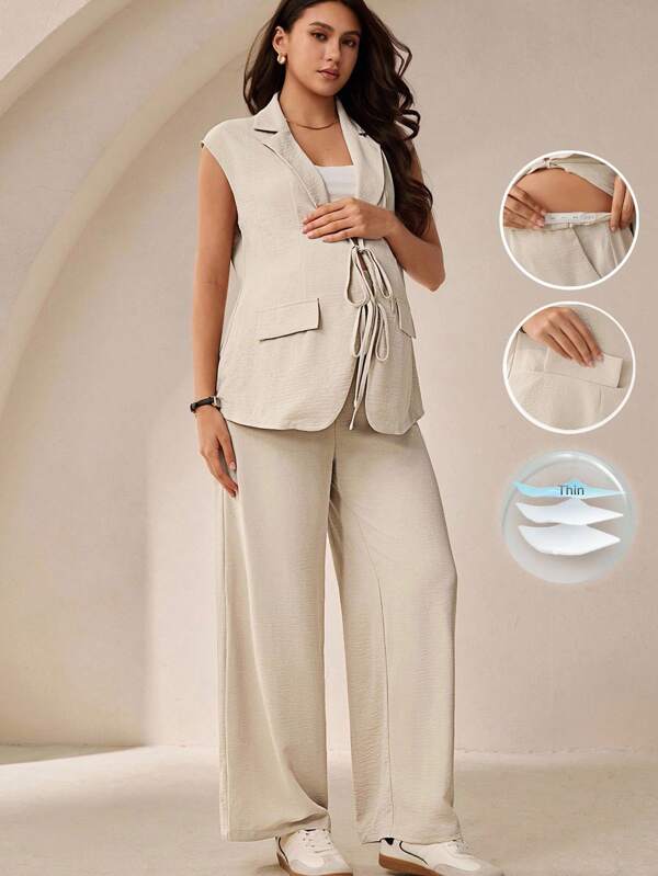 MaterniWear Office,Business Casual Woman,2pcs Maternity Women Textured Belted Sleeveless Blouse And Pants Set, Casual Sleeveless Front Lapel Tie Suit Set, Pants Suit Set, Autumn