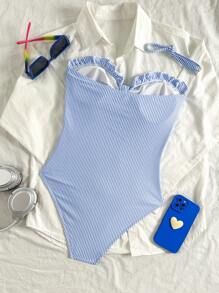 Swim Mod Women's Beach Outfit, Textured Blue & White Striped Fabric, Fashionable Resort Casual Sweet Style, Strapless Detachable Shoulder Straps Ruffle Hem One-Piece Swimsuit - Blue and White - View 6