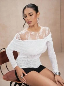 SHEIN Unity Lace Panel Knitted Sweater, Gentle Lady Style - White - View 6