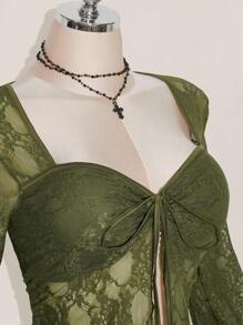 SHEIN ICON 加大码蕾丝喇叭袖前系带性感方领衬衫 - 軍綠色 - 查看 5