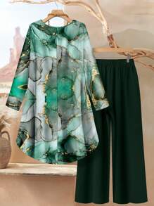 Rusticease Elegant Textured Pattern Three Quarter Sleeve Tee And Long Pants For Women Fall Clothes - Multicolor - View 2