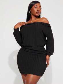 SHEIN SXY 大码女式性感露肩紧身黑色连衣裙，适合日常穿着、节日、约会之夜、生日、单身派对装、婚礼、优雅、休闲、购物、街头服饰、外出、易于搭配且看起来苗条，凸显您的身材，修饰身材 - 黑色 - 查看 10