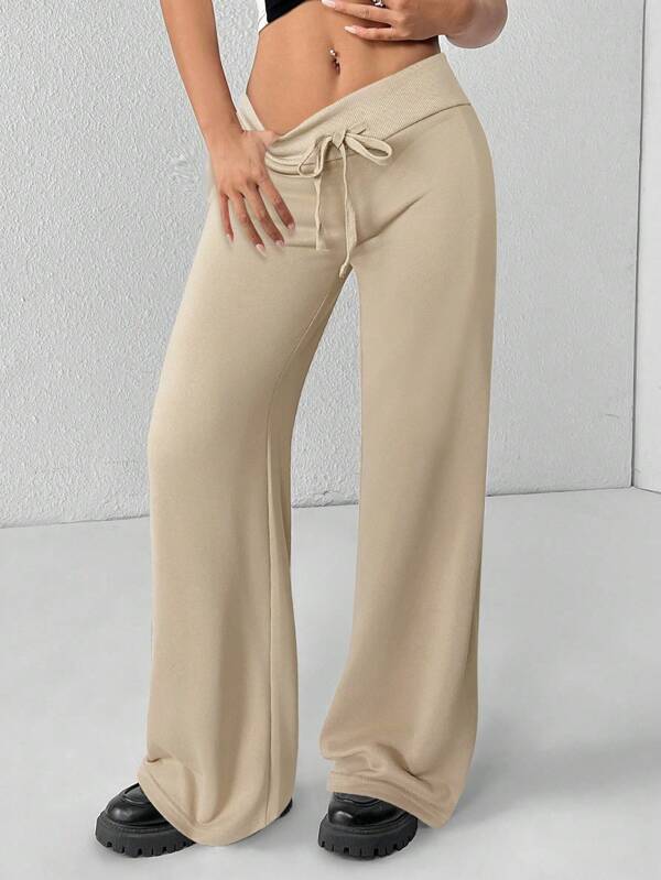 SHEIN PETITE Long Flare Leg Khaki Sweatpants For Women With Comfortable Drawstring Style Wide Leg Pants Women Wide Leg Pants Wide Leg Sweatpants Flared Sweatpants Drawstring Pants