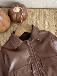 SHEIN 男婴幼儿新生儿 0-3 岁休闲日常时尚街头 PU 皮革摩托车夹克，适合男婴的酷炫外套，秋冬 - 棕色 - 查看 5