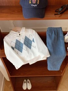 SHEIN 3pcs Baby Boy Casual Argyle Vest, White Shirt, Blue Casual Pants Outfit, Suitable For Birthday Party, Evening Party, Performance, Wedding, Baby Shower, Christening, 1st Birthday Celebration - Multicolor - View 7