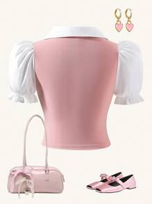 SHEIN Teen Girl's Stylish Pink Puff Sleeve Contrast Splice Shirt, Suitable For Various Occasions Such As Campus Activities, Casual Outings, Dates, Gatherings, Vacations, Etc. And Elegant, Suitable For Weddings And Wedding Guests
