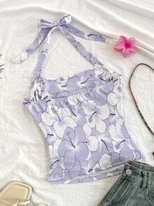 SHEIN Áo hai dây in hoa thời trang cho bé gái tuổi mới lớn, dáng ôm, ôm vừa vặn, thích hợp cho tiệc tùng, trà chiều, bãi biển, du ngoạn - Màu tím hoa cà - Xem 2