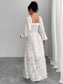 Rafferiza 女式秋季泡泡袖针织拼布提花修身A字连衣裙 - 白色 - 查看 2