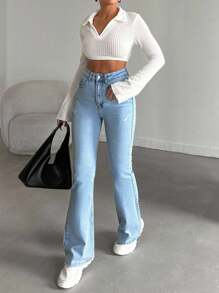 EURMUSE 98%Cotton High-Waist Original Boot Cut Jeans - Medium Wash - View 3