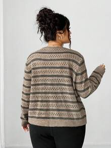 Elenzga Women's Plus Size Khaki Striped Knitted Cardigan,Smart Casual Round Neck Open Knit Crop Top For Autumn Vacation Winter,Fashionable Versatile Jacket - Camel - View 2