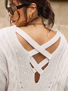 Easura Suéter midi de cuello en V con trenzado de punto, de manga larga, talla grande, cómodo para el transporte