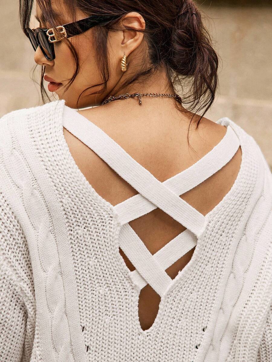 Easura Suéter midi de cuello en V con trenzado de punto, de manga larga, talla grande, cómodo para el transporte