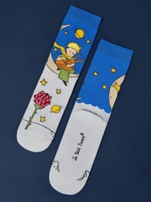 LE PETIT PRINCE X SHEIN 3 đôi tất dài đến bắp chân mềm mại, thoáng khí, thấm hút mồ hôi, thường ngày cho nữ, màu hồng và xanh dương, thời trang và dễ thương, mũi và gót được gia cố để bền bỉ trong mọi mùa, phù hợp với mọi phong cách, mặt trăng và ngôi sao - Nhiều màu - Xem 12