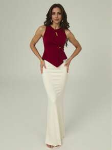 Modelyn Asymmetrisch geschnittenes Top mit abstrakter Optik + minimalistischer, stilvoller Bleistiftrock 2 Stücke Set - Verschiedenfarbig - Übersicht 11