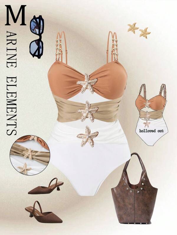 Swim Oasis Plus Size One-Piece Swimsuit, Tricolor Metallic Decor, Minimalist Holiday Beach Outfit For Women, Summer